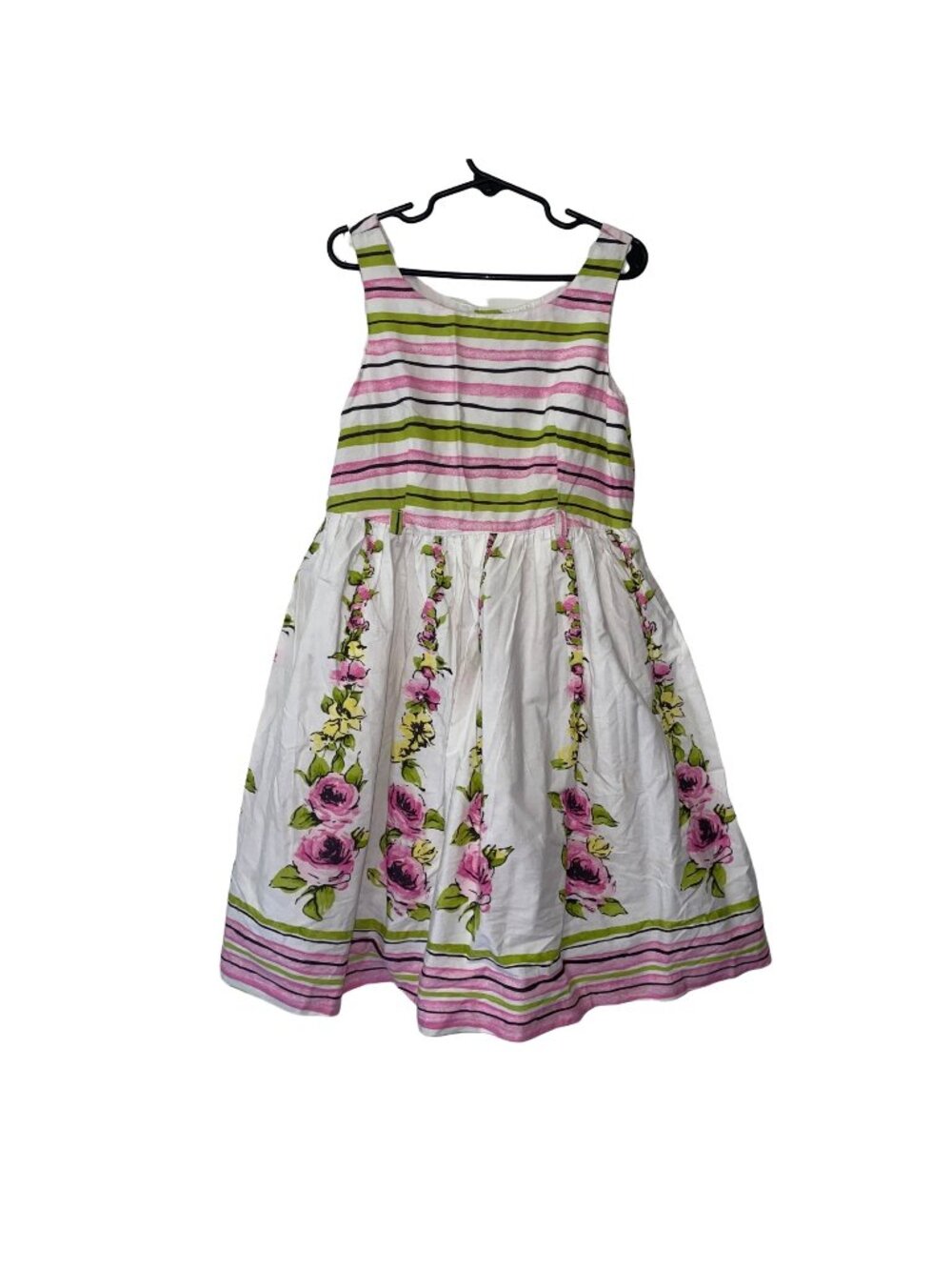 Emma's Garden Dress size 7 stripes flowers buttons lined pink green white